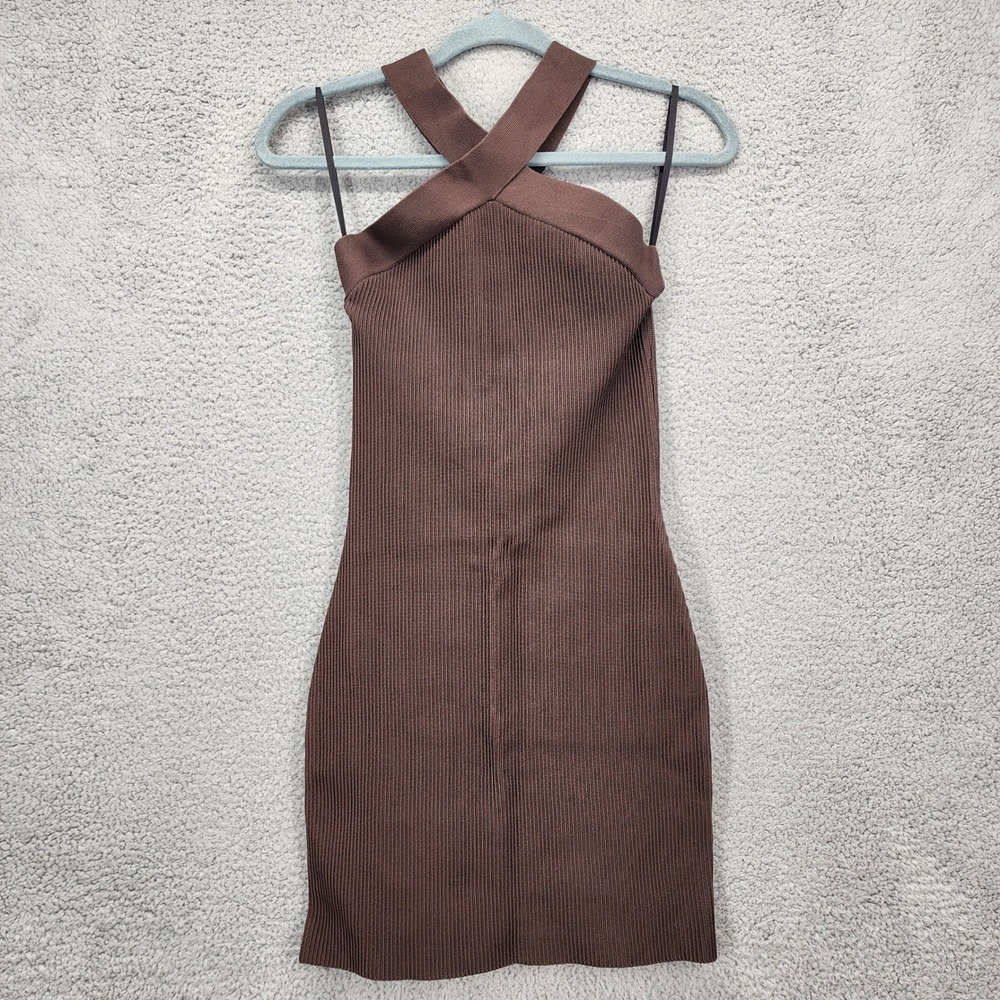 Babaton Aritzia Knit Cross Neck Mini Dress‎ Brown Ribbed Small Bodycon Stretch